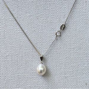 Oval White Freshwater Pearl Pendant Necklace w/ 9” Sterling Silver Chain